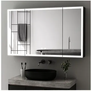 WDWRITTI Spiegelschrank Alu 3-türig 100x60 90x60cm Badezimmerspiegelschrank Schwarz 3Lichtmodi (Badschrank Schwarz matt Anti-Fog Dimmbar, Alu-Schranktür, Stahl Schrank-Korpus, Doppel Spiegel, Speicherfunktion) mit Netzadapter, vormontiert geliefert,2 Installation schwarz 100 cm x 60 cm x 13,5 cm
