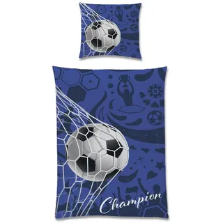 Familando Kinderbettwäsche Fußball, Set 135x200 80x80 cm, 100% Baumwolle, Reißverschluss, Renforcé, 2 teilig, mit Schriftzug und Wendeseite blau