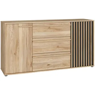 Forte ARANK Kommode 160 170, Scandi-Stil mit Lamellendetails,3 Schubladen, 2 Türen, Jugendzimmer, Holzwerkstoff, Mauvella Eiche Holzdekor/Schwarz, 162,5 cm breit x 84,9 cm hoch x 41,7 cm tief
