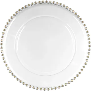 PartyDeco Dekoteller 32cm Kunststoff mit Perlenrand - Festliche Platzteller für Verschiedene Anlässe - Tischdeko Unterteller für Hochzeit Weihnachten - Durchsichtiger Teller - Transparent Gold