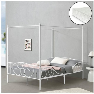 en.casa Himmelbett, »Finström« Doppelbett aus Stahl 140x200 cm mit Matratze Weiß weiß 147.5 cm x 210 cm x 180.5 cm