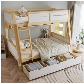 HAUSS SPOLE Etagenbett 90&120x200cm Drei Schubladen mit Rollen, 2m Bilderbuchständer, Kiefer beige 120 cm x 165 cm