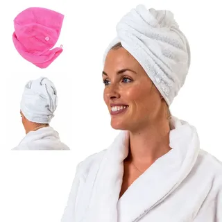 aztex Luxus Haarturban, Kopfwickel, Haartrockentuch mit Schlaufe und Knopfverschluss, saugfähige und leichte Baumwolle, mehrere Farben, 64 x 23 cm - Weiß