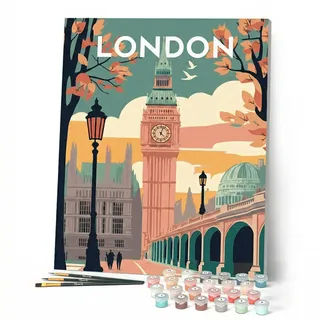 Figured'Art Malen Nach Zahlen Erwachsene Mit Rahmen Reiseposter London 2 - Paint by Numbers Basteln DIY Bastelset 40x50cm - Leinwand gespannt auf Holzrahmen