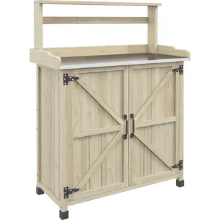 Outsunny Umsetztisch Gartentisch im rustikalen Stil mit Schrank und Ablagen, verzinkte Arbeitsplatte, rutschfeste Füße, vorgeöltes Fichtenholz, Maße 90,5L x 41l x 124,5H cm, Holzoptik natur   Aosom