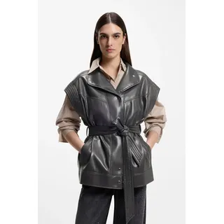 Lederimitatweste BOSS ORANGE "Jacaro Premium Damenmode", Damen, Gr. 44, grau (open grau 067), Web, Obermaterial: 100% Polyester, unifarben, normal, Westen, mit Taillengürtel, Stehkragen