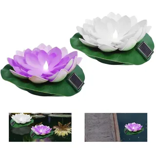 2er Set Schwimmende Blumen , Solar-Lotuslichter, künstliche Seerose, Lotus- und Wasserlilien-Nachtlicht für Teich, Garten, Hof und Pool - Weiß/Violett
