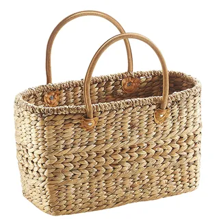 Kobolo Tasche Korbtasche geflochten aus Wasserhyazinthe - Lederhenkel - 43x18x26 cm Natur