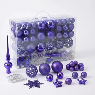 Kunststoff Christbaumkugel Set 111-teilig Bruchsicher - Lila - Design Weihnachtskugeln Inklusive Metall Haken