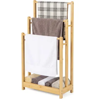 COSTWAY Handtuchständer freistehend, Handtuchhalter Holz, Natur | mit 3 Handtuchstangen & unterer Ablage & Kippschutz, Trockenständer braun für Badezimmer, Hotels