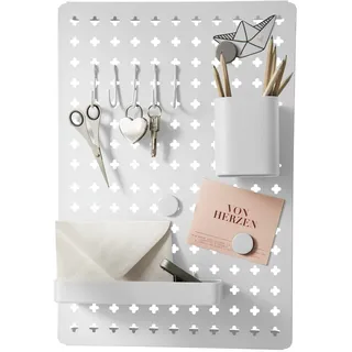 WENKO Memoboard Schreibtisch Organizer Weiß | Wandorganizer für Küche, Büro, Flur | Lochplatte Metall Set 3 Magneten, 5 Haken, 2 Behälter
