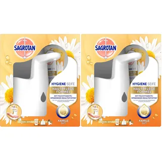 Sagrotan No-Touch Automatischer Seifenspender Weiß – Inkl. Sagrotan Nachfüller Lotusblüte und Kamille – 1 x 250 ml Flüssigseife (Packung mit 2)