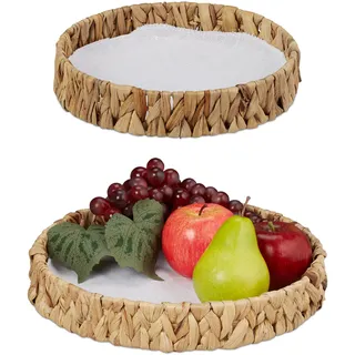 Relaxdays Obstschalen im 2er Set, Dekokörbe für Obst, Brot UVM., aus Wasserhyazinthe, Tischdeko im Boho-Stil, Natur