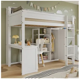 Flieks Hochbett Etagenbett Kinderbett 90x200cm mit Schreibtisch und Kleiderschrank weiß
