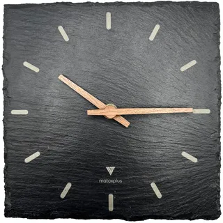 matoxplus Wanduhr aus Echtem Schiefer – Lautlos & Quadratisch – Naturstein Uhr 20x20 cm für Wohnzimmer & Büro – Dunkelgrau mit Holzfarbenen Zeigern aus Walnussholz