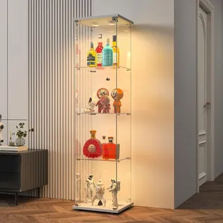 Glasvitrine Standvitrine, 4 Lagen Glas Holz Vitrine Sammlervitrine Vitrinenschrank, 1 Tür mit LED Und Schloss Glasvitrine Stehend Für Wohnzimmer ... - Weiß