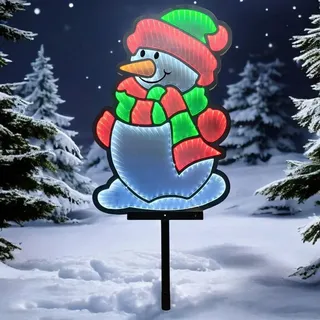 FHS International Schneemann LED Kunststoff 40 cm Erdspieß IP44 6/18 h Timer weiß