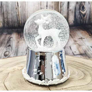 Weihnachts-Schneekugel mit Musik | Schneekugel REH weiß | Sockel Silber mit Schneeflocken| 100mm breit, 140mm hoch | mechanische Spieluhr | Weihnachtsdekoration | 20338