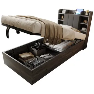 OKWISH Stauraumbett Kinderbett (Hydraulisches Funktionsbett 90x200 cm, Mit USB- & Tape-C-Ladeanschluss, Verstecktem Stauraum, Ablagefächern, Kopfteil mit Stauraum), ohne Matratze grau