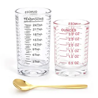 2 Cocktail Messbecher, Messbecher Cocktail Glas 90ml+120ml mit Skala | Borosilikatglas, ml/oz/tsp-Skala, 90ml+120ml Set, inkl. Löffel, für Cocktails, Espresso, Backen, Home Bar & Küche