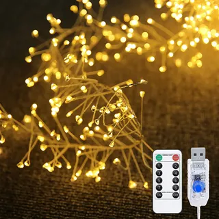 DINOWIN Led Büschel Lichterkette USB-betrieben 19.6Ft 200 LED Cluster Kupferdraht Lichterkette mit 8 Modi Fernbedienung für Weihnachtsbaum Schlafzimmer Feste Hochzeiten (Warmes Weiß)