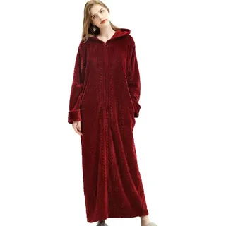 Comcrib Damen Bademantel Langer Morgenmantel Nachtwäsche Durchgehender Reißverschluss Warme Nachtwäsche Winter Lange Robe Sauna Mantel Mit Kapuze - M