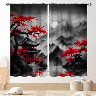 Kirschblütenvorhänge, japanische traditionelle Tuschemalerei, rote Blume, Pflaumenblüte, asiatisch, orientalisch, Natur, Berge, Landschaft, Fenstervorhänge, Behandlungen für Schlafzimmer, Wohnzimmer,