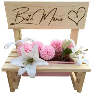 KlaSa Kreativwerkstatt Blumenbank aus Holz mit Gravur,Dekorative Pflanzbank mit Blumenkasten,Geschenk für Mama,Oma,Opa–Gartenbank für Balkon&Terrasse, Outdoor Muttertag (Beste Mama)