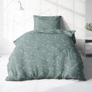Träumschön Biber Bettwäsche Set 4tlg 135 x 200 cm Grün – Blumen Ranken Design – Flauschige Winterbettwäsche - Bettbezug + Kissenbezug 80x8... - Grün