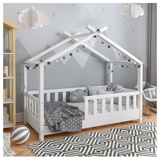 VitaliSpa® Kinderbett »Design Hausbett Zaun Kinder Bett Holz Haus Weiß 70x140cm« weiß