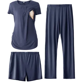 SUNNYBUY Damen Umstandsmode Stillpyjama-Set, 3-teiliges Schlafanzug Set | Kurzarm-Stillshirts, Schwangerschafts-Shorts & Hosen für jede Jahreszeit, Lounge Set Für Tag & Nacht - XL