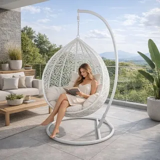 Hängesessel mit Gestell Rattan Korb Hängekorb Polyrattan Gartensessel Weiß