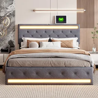 Bett 140x200 mit Lattenrost, Doppelbett mit LED-Licht & 4 Schubladen, Modernes Polsterbett mit USB und Typ-C Ladefunktion, Stauraumbett Jugendbett Bettgestell,ohne Matratze (Grau+LED, 140X200CM)