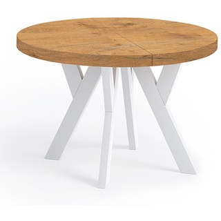 Runder Ausziehbarer Tisch für Esszimmer, PERO, Loft-Stil, Skandinavische, Durchmesser: 90 / 140 cm, Farbe: Lancelot / Weiss