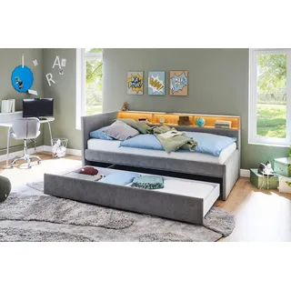 meise.möbel Kinderbett UNO, Polsterbett wahlweise mit Tandemliege oder Stauraum-Schublade (Bett mit Aufsatzregal in weiß oder eiche, mit LED-Regalbeleuchtung), Liegefläche 90x200, 120x200, 140x200cm grau 112 cm x 210 cm x 91 cm