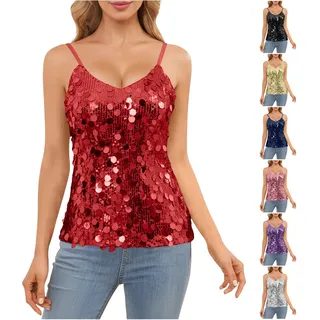 Glitzer Oberteil Damen Pailletten T-Shirt Elegante Tank Top Spaghettiträger Pailetten Ärmellos Bluse Karneval Kostüm Mode Party Outfit Glitzertop Fasching Blusen für Festliche Anlässe - S