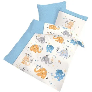 DOBNIG Babybettwäsche Biber Kinderbettgarnitur blau mit Elefanten-Motiv 2-tlg. 100x135 cm, Biber, 2 teilig, Hautfreundliche Biber-Qualität aus 100% Baumwolle,pflegeleicht & weich blau