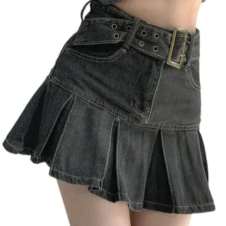 Sommer-Jeansrock mit hoher Taille, plissiert, birnenförmig, körperbedeckend, schlankmachender A-Linien-Rock-Schwarz-S - S