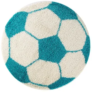 Teppium Teppich Fußball-Design, Rund, Höhe: 30 mm, Kinder Teppich Fußball-Form Kinderzimmer versch.farben und größen blau 120 cm x 120 cm x 30 mm