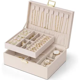 LuxusKollektion Schmuckkasten Schmuckkästchen Damen 2 Ebenen PU Leder Ringe Ohrringe Beige-rosa beige