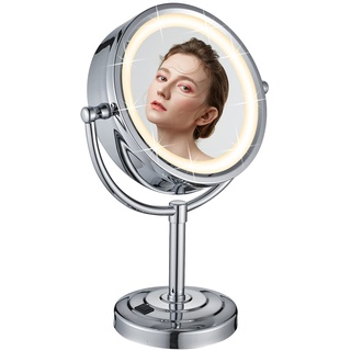 DOWRY Schminkspiegel mit Beleuchtung 1x/7x LED Kosmetikspiegel Stehend Vergrößerungsspiegel mit Licht Tischspiegel Chrom Doppelseitiger Spiegel,Durchmesser 21.5cm
