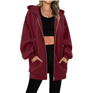 Sweatjacke Damen mit Kapuze Dünne Fleecejacke Kapuzenpullover Zipper Hoodie Lange Jacke Leicht Übergangsjacke Elegant Einfarbig Kapuzenjacke mit Taschen Strickjacke Casual Sweatshirt Locker Pullover - XXL