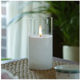 MARELIDA LED-Kerze LED Kerze im Glas Windlicht Echtwachs Timer H: 15cm D: 7,5cm weiß, LED Classic, warmweiß (2100K bis 3000K) weiß