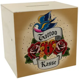 Tattoo Kasse Spardose aus Holz Dekoration Sparschwein Geschenkidee Körperkunst Tätowierer Tätowierung als Geschenk