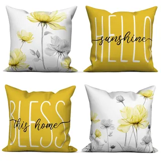 GCIREC Kissenbezüge 45x45cm, Gelb Grau Blume Hallo und Segne Bauernhaus Kissenbezüge mit verdecktem Reißverschluss 4er-Set Moderne Wohnzimmer für Schlafzimmer Bettkissen