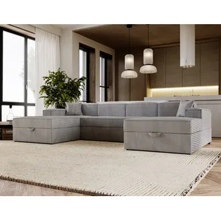 yourhouse24 Wohnlandschaft OASIS U, U-Form 320 cm, Cord, mit Schlaffunktion & Bettkästen grau