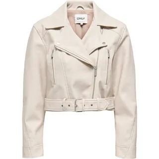 Only Lederimitatjacke ONLY "ONLPAULINE FAUX LEATHER JACKET CC OTW", Damen, Gr. XS, pumice stone, Web, Obermaterial: 100% Polyester, unifarben, kurz, V-Ausschnitt, Jacken, mit Biker-Style Details