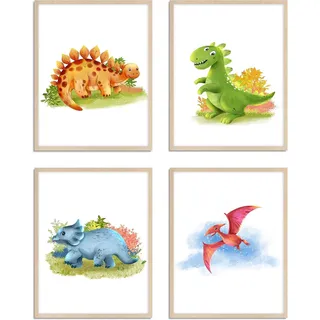 WIETRE® 4er Set Bilder Dinosaurier Kinderzimmer Babyzimmer Deko | Bild Junge Mädchen Poster DIN A3 XXL | Dinos T-Rex Tiere (ohne Rahmen)