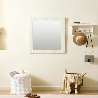 Quadratischer Wandspiegel 80x80 Cm Weiß In Holzoptik, Mdf-rahmen Mit Vertikaler Streifenstruktur