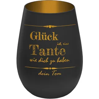 Windlicht mit Gravur ''Glück ist, eine Tante wie Dich zu haben'' Texte nach Wunsch frei gestaltbar personalisierbar - Schwarz/Gold, Teelichthalter mit Wunschtext, Geschenkidee für Liebe Person